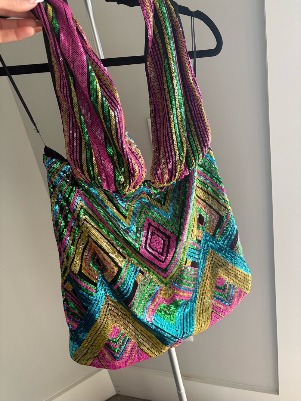 Fashion Nova Neon Geo Sequin Halter Mini Dress - Pink, Green, Yellow, Blue - Picture 5 of 6